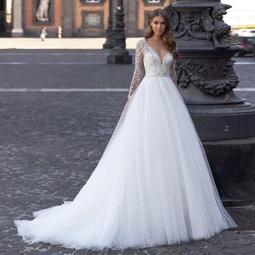 V-Neck White Lace Applique Long Sleeves Beading Belt Wedding Dress Plus Size Elegant Bridal Gowns Vestido De Noiva