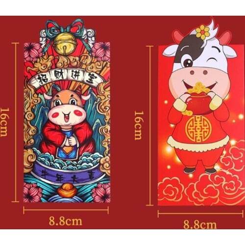 6pcs/set Chinese New Year Red Money Envelopes Year of the OX Cartoon Cash Bag F1CC