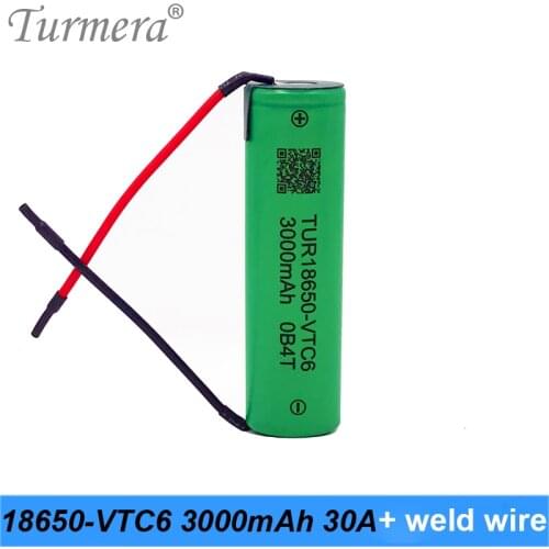 Turmera 18650 VTC6 3000mAh Battery 30A Welding Wire for 12V 16.8V 18V 21V 25V Electric Drill Screwdriver Battery and E-bike Use