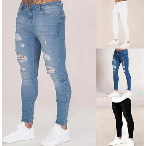 2021 Pencil Pants Elastic Sweatpants Men Fit Solid Ripped Denim Harem Pants Casual Black Blue White Destroyed Jeans Pants