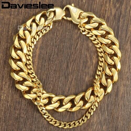 Davieslee Curb Cuban Box Wheat Link Mens Bracelet Chain Double Layer Stainless Steel Gold Silver Color 10-14mm DDBM01B