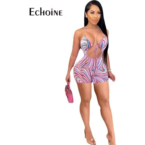 Echoine 2021 Sexy Sleeveless Striped Print Summer Backless Beach Party Beach Playsuits Short Pant Rompers Bodycon Clothing