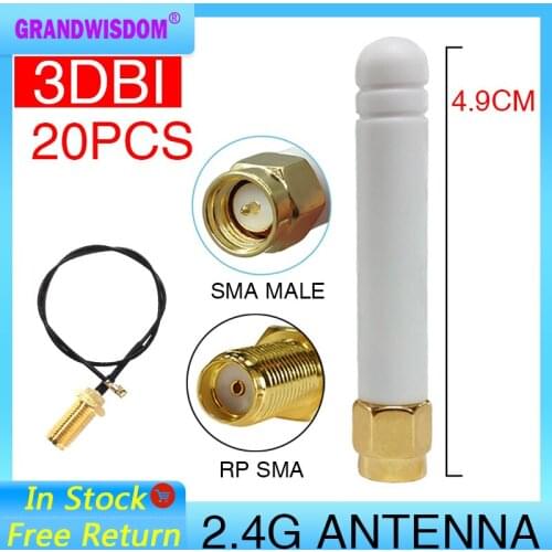 20pcs 2.4Ghz antenna wifi 2~3dbi SMA male 2.4 ghz antena wi fi Zigbee Small Size aerial + PCI U.FL IPX to RP-SMA Pigtail Cable