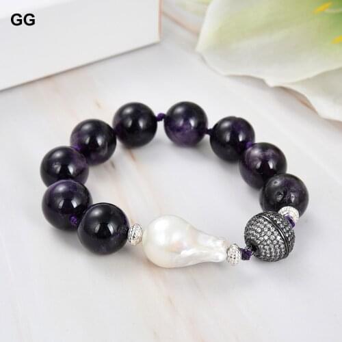 GuaiGuai Jewelry White Keshi Pearl Bracelet 16mm Round Purple Amethyst Gems Stone Bracelet 8"