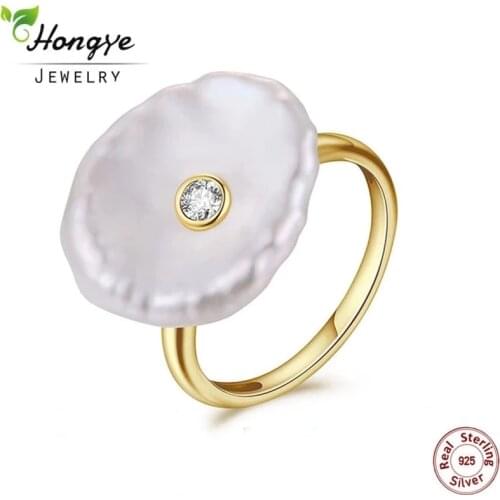 Hongye Natural Freshwater Pearl Ring 925 Sterling Silver Jewelry Baroque Gold Color Anillos Fashion Designer for Women Wedding