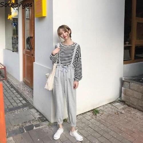 Jumpsuits Women Elastic-waist Korean-style Spring Ankle-length Solid All-match Drawstring Casual Elegnat Trendy Chic Black Solid