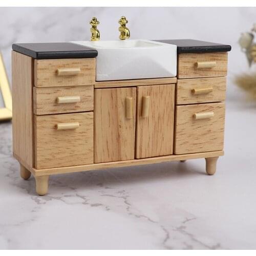 Bathroom Furniture ToysDollhouse Bathroom Kitchen Decoration Dollhouse Miniature Wooden Wash Basin Cabinet