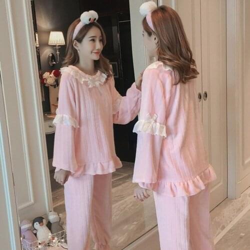 2020 Spring Home Women Pajamas Set Warm Ruffle Bath Night Gown for Female Pink Long Sleepwear Suit 4 Colors Pajama