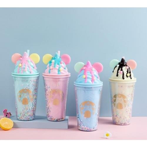 Portable Cat Ice Cream Ice Cup Summer Ear Christmas Gift Straw Cup Coffee Drink Cup Cute Water Bottle Girls Kawaii Water Cups