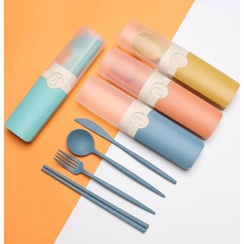 Portable Reusable Spoon Fork Travel Picnic Chopsticks Wheat Straw Tableware Cutlery Set With Carrying Box For Student Office
