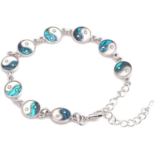 FYSL Silver Plated Stackable Eight Trigrams of Taiji Abalone Shell Link Chain Bracelet Classic Style Jewelry