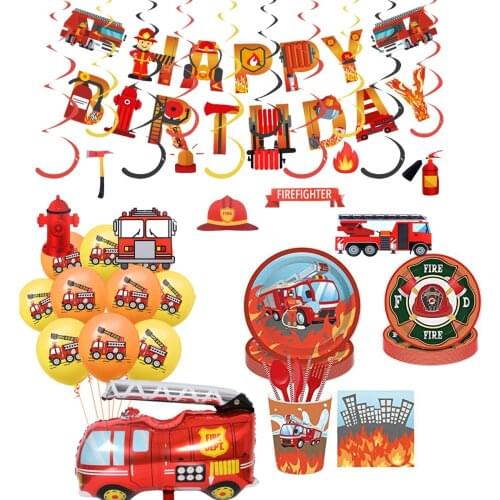 Firefighter Party Balloons DIY Spiral Ornaments Disposible Tableware Fire Truck Party Supplies Kids Favor Birthday Decorations