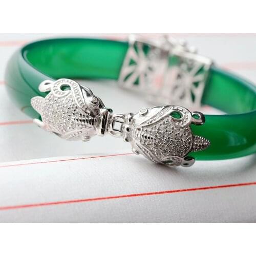 Retro Thai Silverware Wholesale Natural Chalcedony Bangle S925 Sterling Silver Cuff Bangle Vintage Women Bangle