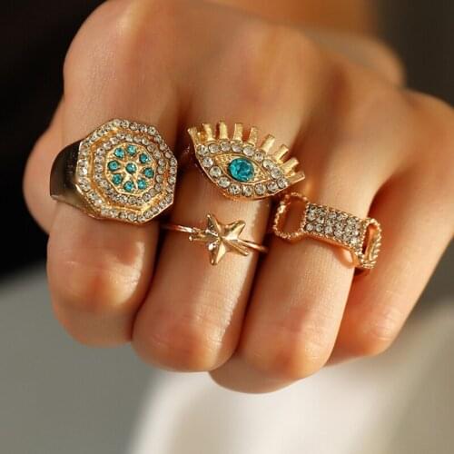 Retro Turkey Blue Eyes Rings for Men Punk Pave Clear Crystal Octagon Anillos Women Gold Star Anel Evil Eye Ring Set Boho Jewelry