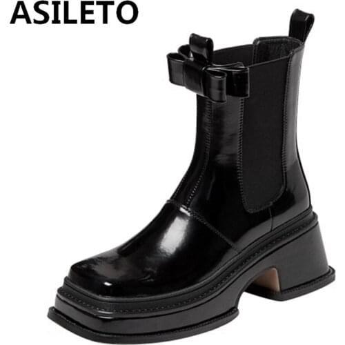 ASILETO Patent Leather Gothic Black Boots Bow-knot Women Heel Sexy Chunky Heel Platform Boots Mid calf boots Female Elastic