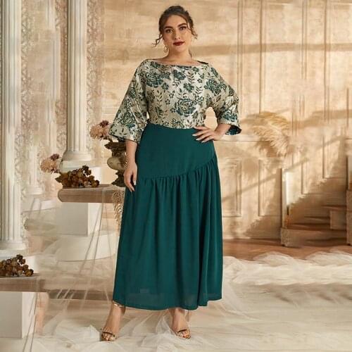 Summer Autumn Long Dress Women Jacquard Dress Three Quarter Sleeve Large Plus Size Fashion Elegant Floral Dress