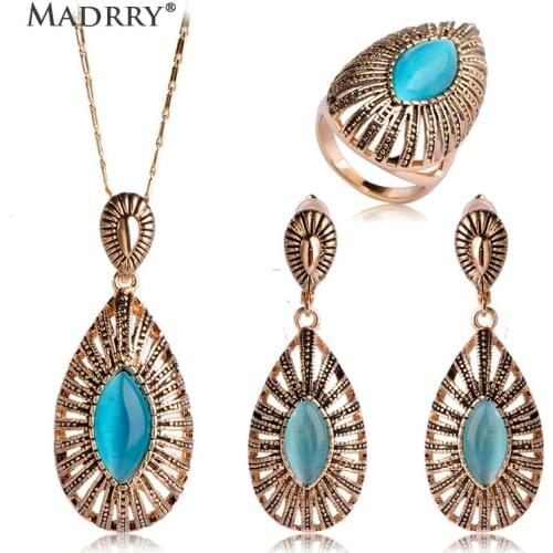 Vintage Turkish Opal Jewelry Sets Necklace&Earrings&Ring Water Drop Antique Gold Collar Brincos Anel Women conjuntos de joias