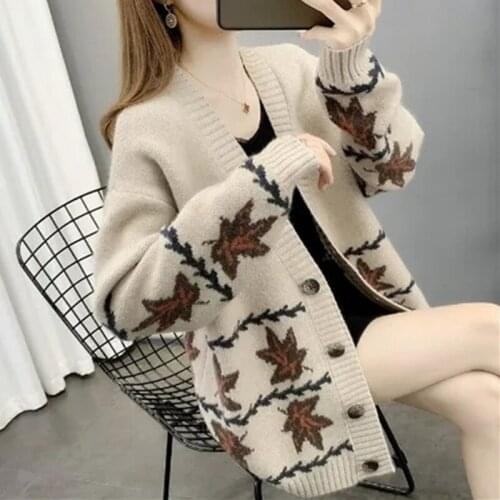 Vintage Single Breasted Print Cardigan Sweater Women Knitted Coat V Neck Button Leaves Loose Long Sleeve Tops Female Clothes