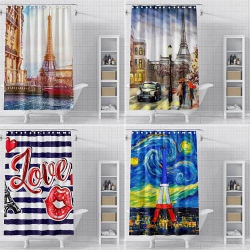Waterproof Shower Curtain For Bathroom Oil Painting Landscape Effiel Tower Pattern Polyester Bathroom Curtain with hooks