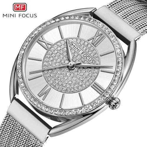 MINI FOCUS Trendy Crystal Watch for Women Business Dress Ladies Watches Top Brand Luxury Diamond Quartz Steel Strap Wristwatch