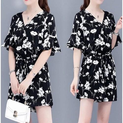 Women Dresses Summer 2021 Sexy V Neck Floral Letters Print Dress With Pants Two Piece Set Casual Chiffon Clothing Plus Size 5XL