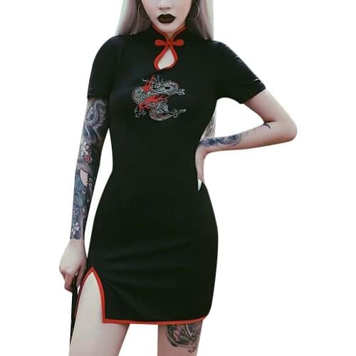 Womens Gothic Bodycon Mini Dress Dragon Embroidered Short Sleeve Cheongsam Keyhole Side Slit Qipao Dress Sexy Costume