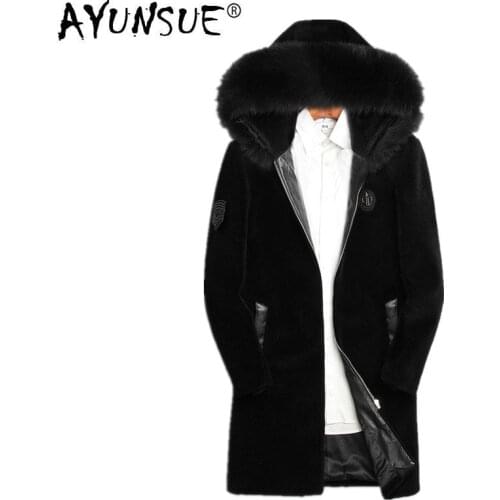 AYUNSUE Winter Jacket Men Real Sheep Shearing Fur Coat Real Fox Fur Collar Jackets Mens Natural Wool Fur Coats LSY070079 MY730