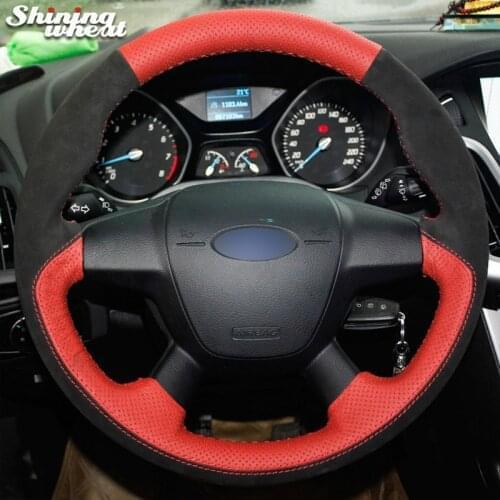 Shining wheat Black Suede Red Leather Car Steering Wheel Cover for Ford Focus 3 2012-2014 KUGA Escape 2013-2016 C-MAX 2011-2014