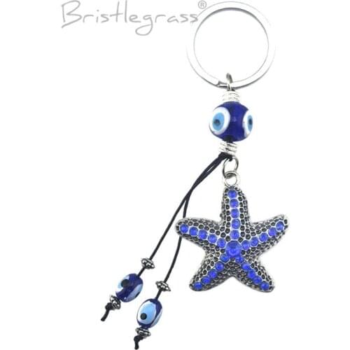 BRISTLEGRASS Turkish Blue Evil Eye Rhinestone Asteroidea Keychain Key Chain Ring Holder Amulet Lucky Charm Pendant Blessing Gift