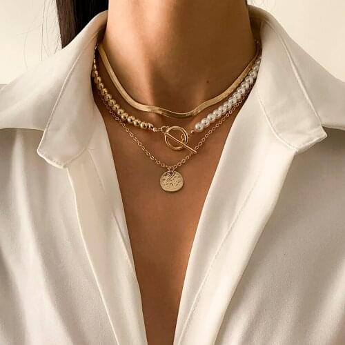 SHIXIN Layered Pearl Beads Chain Choker Necklace for Women Snake Chains on Neck With Coin Pendant Necklaces 2021 Fashion Jewelry
