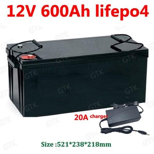 GTK waterproof 12.8V 600Ah 12V lithium Lifepo4 battery for subwoofer Solar Storage boat RV EV camper backup power +20A charger