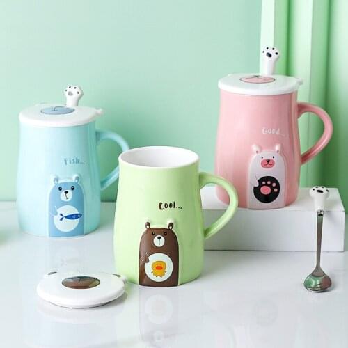 Cute Bear Mugs Ceramic Coffee Cup With Lid Spoon Kawaii Creative Stirring Mugs Cartoon Animal Travel Milk Tea Cup Gift For Girl
