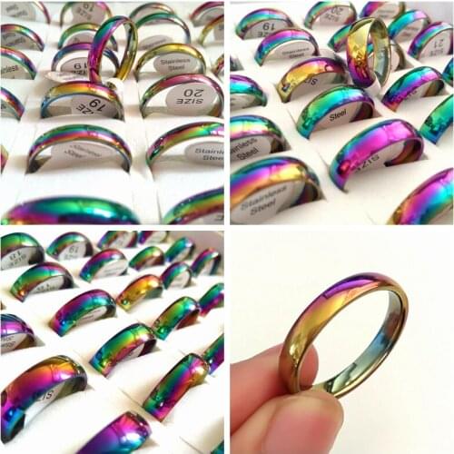 Wholesale 100pcs Mix 4mm 6mm MIX Rainbow Color Comfortable 316L Stainless Steel Band Rings Men Women Fashion Wedding Jewelry