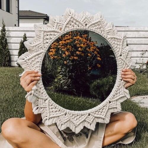 25 cm Macrame Decorative Wall Mirrors Boho Round Mirror For Home Room Decor Makeup Aesthetic Apartment Living Room Bedroom Gift