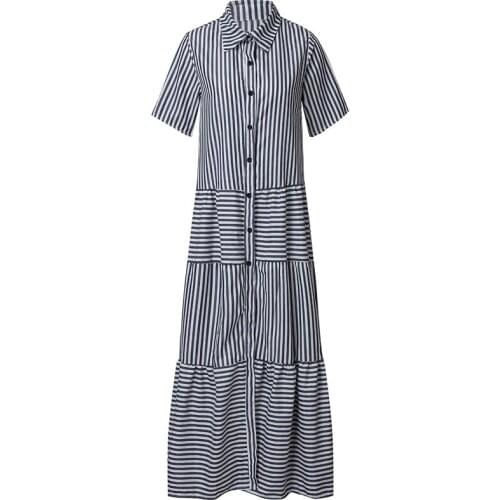 Summer womens shirt collar button long skirt striped dress