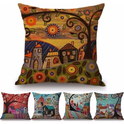 18" Countryside Linen Pillow Cover Oil Painting Tree European Building Pattern Style Home Decorative Sofa Cushion Cover Cases