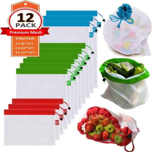 12pcs Reusable Mesh Produce Bags 12Pack Washable Premium See Through Lightweight Mesh Bags Shopping Storage Mesh Bags