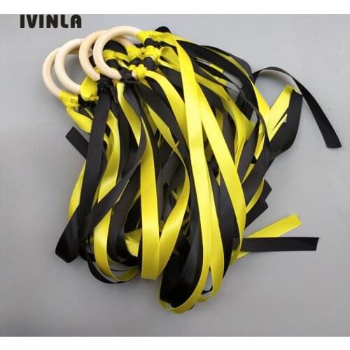 Newest 20 Pieces/Lot yellow and black Wooden Ring Waldorf Ribbon Hand Kite Toy Swirl Stremers FLY ME Birthyday Party Favors