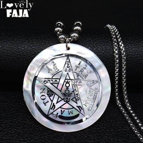 Witchcraft Ouija Pentagram Shell Stainless Steel Chain Necklace Women Silver Color Big Long Necklace Jewelry collares N20073