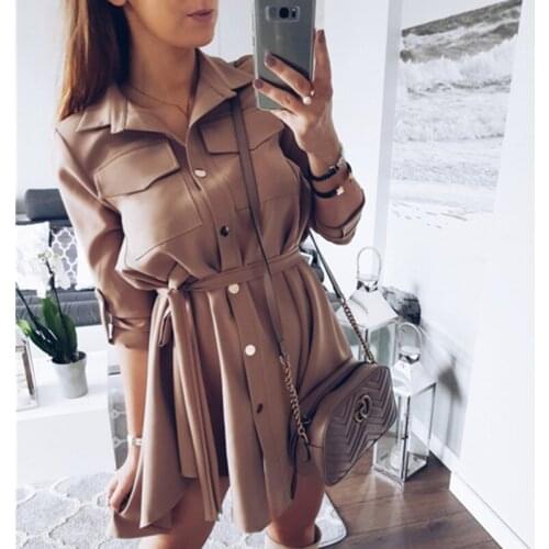 Sweet Shirt Dress Women Long Sleeve Turn-Down Neck Pockets Sash Lace Up Sexy Midi Charming Lady Elegant Costume Ladies Vestidos