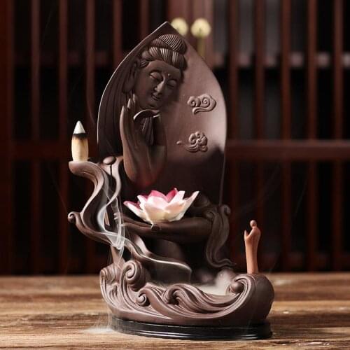 Buddha Hand Incense Holder With Ceramic Lotus Flower Buddha Statue Backflow Incense Burner Wierook Waterval Censer 10pcs Incense