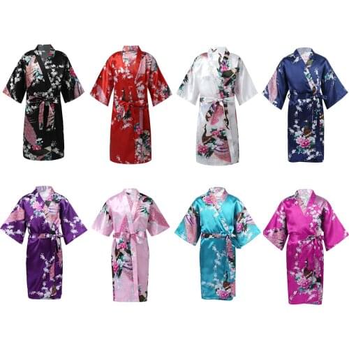 3-14 Years Children Girls Satin Kimono Robes Kids Sleepwear Peacock Flower Bathrobe Nightgown For Wedding Spa Party Birthday