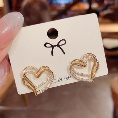 S925 silver needle earring Korea compact double hollow out drill love temperament contracted girl web celebrity ear ornaments