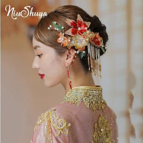 NiuShuya Traditional Chinese Hairpin Red Clear Flower Hair Combs Wedding Hair Accessories Hair Stick Headdress Accessories