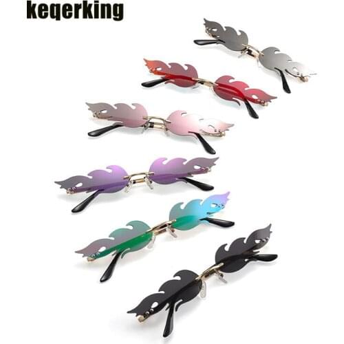 New 2019 Fashion Fire Flame Sunglasses Women Men Brand Design Rimless Wave Eyewear Luxury Trending Narrow Sun glasses Streetwear