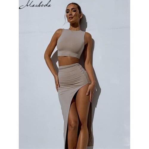 Macheda Summer Solid Slim Two Pieces Set Women Casual Knitting Sleeveless O Neck Tank Top And High Waist Split Long Skirt Sets