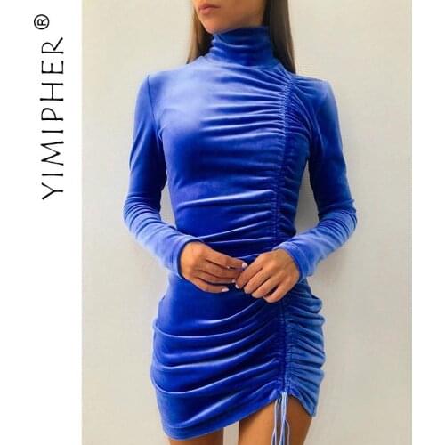 Turtleneck Velvet Long Sleeve Dress for Women Autumn Winter Elegant Fashion Drawstring Ruched Dresses 3XL Plus Size Streetwear