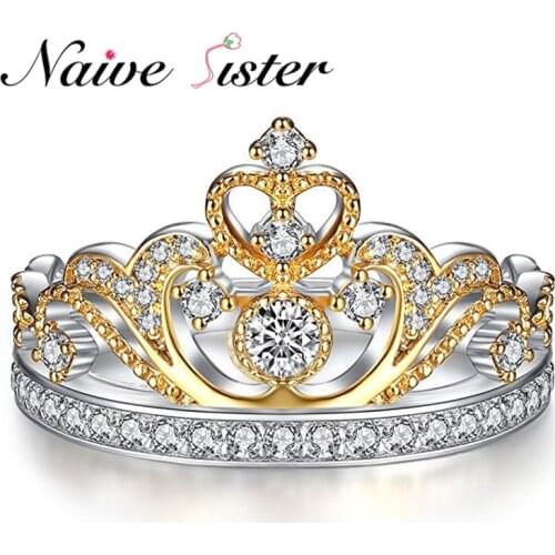 Fashion Gold&White Gold Filled Jewelry Top Quality Crown Rings For Women Handmade 1.5ct AAA zircon Wedding Band Engagement Ring