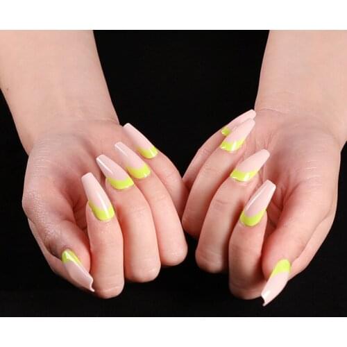 24pcs Long Style Ballet French Opposite Fluorescent Yellow Fake Nails Girls Wearable Manicure Hands Decoration fake nails tips
