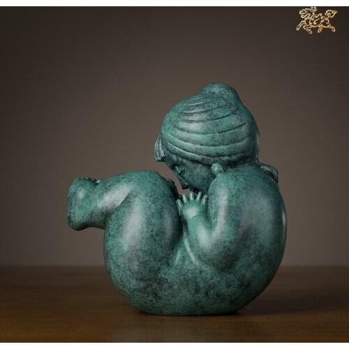 4.72inches Art Deco Pure Brass Statue Works of Han Meilin "Mother and son" decorate sculpture Decoration Home Furnishings Gift